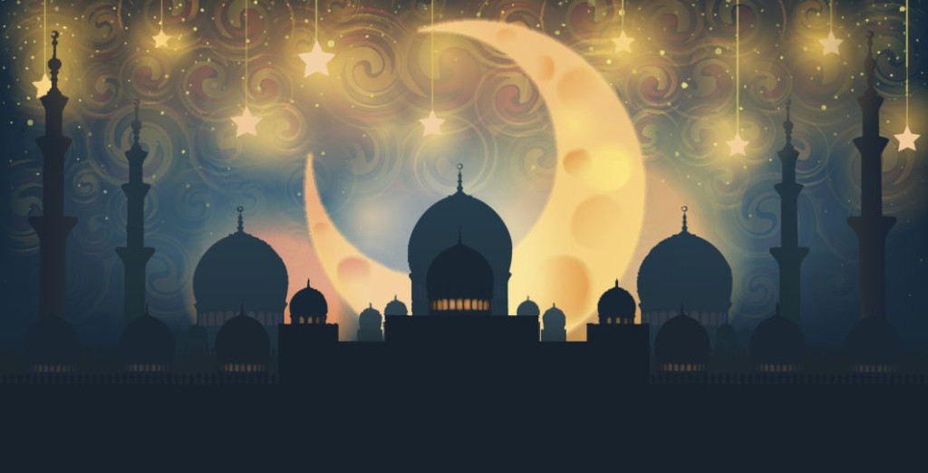 Islam. Mosque silhouette in night sky with crescent moon and star